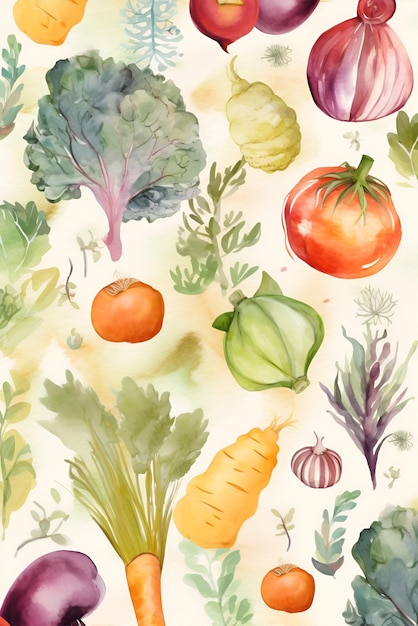 Ilustração em aquarela com vegetais Generative AI