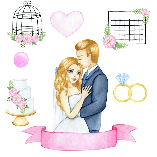 Ilustração em aquarela conjunto de decoração de casamento noiva e noivo