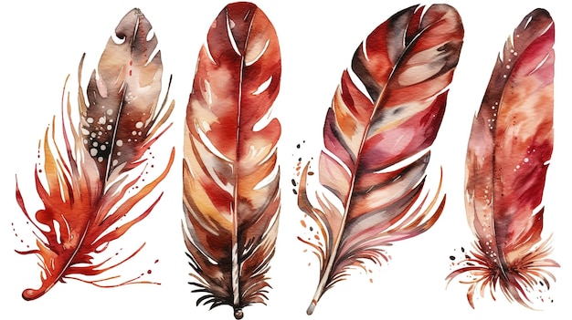 Ilustração em aquarela conjunto de penas de boho vermelho marrom clipart de páscoa Generative Ai