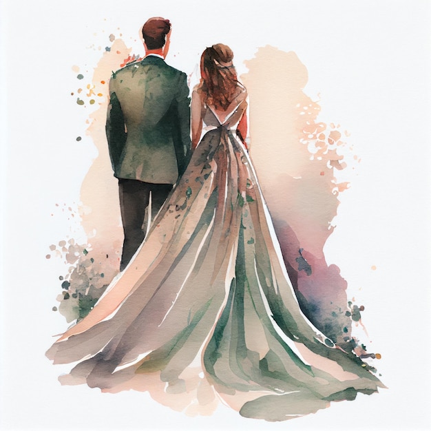 Ilustração em aquarela da linda vista traseira do casal de noivos