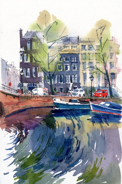 Ilustração em aquarela da paisagem da cidade do canal de amsterdã, ponte e rio