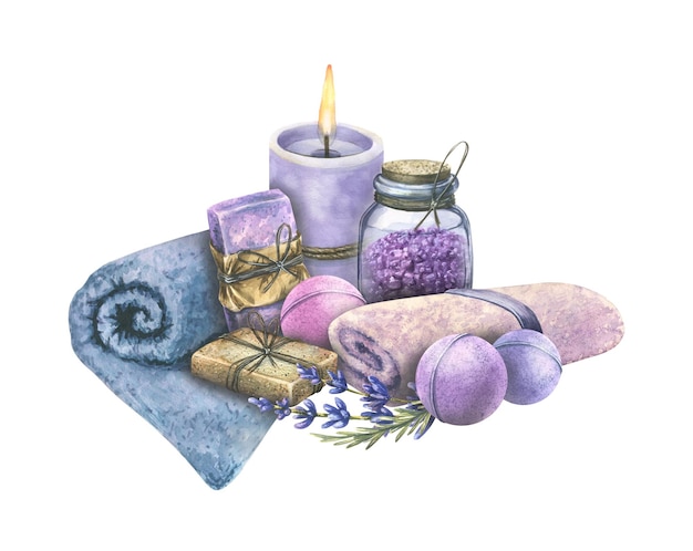 Ilustração em aquarela da série lavender spa uma composição de toalhas velas frascos de sal marinho pedaços de sabão e bombas de banho para o design e decoração de cartões postais menus de spa banners