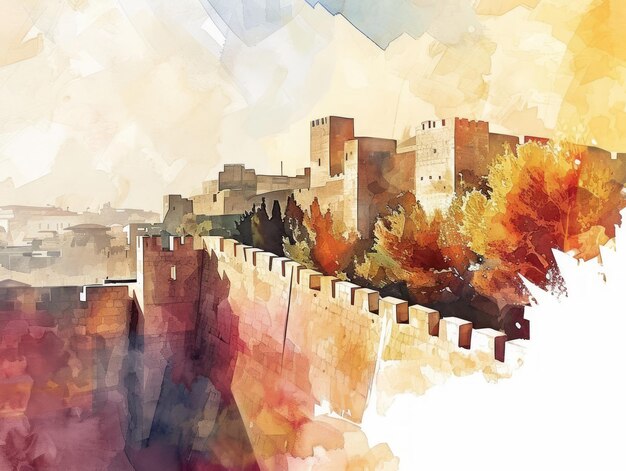 Ilustração em aquarela das antigas muralhas da cidade de Jerusalém com bordas de contorno branco IA geradora