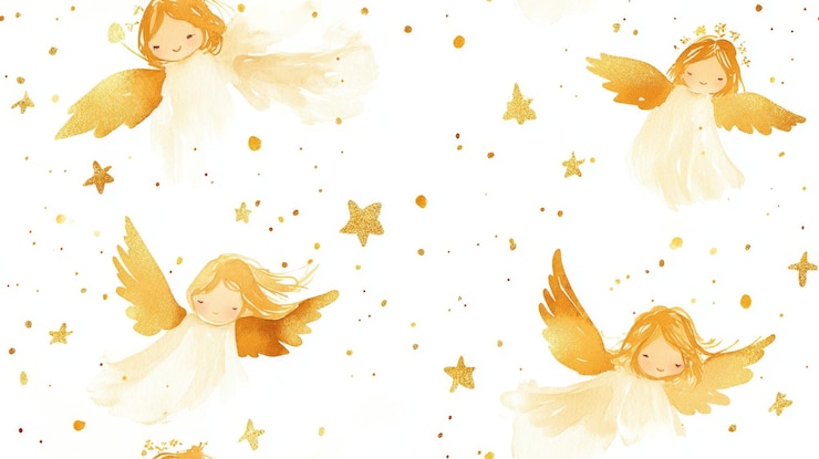 Foto ilustração em aquarela de anjos e estrelas dourados