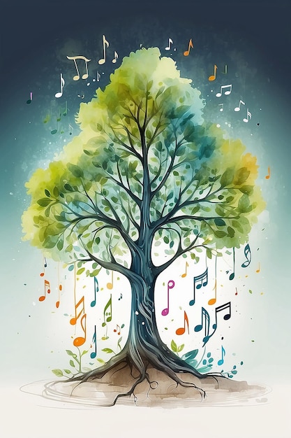 Foto ilustração em aquarela de árvore com notas musicais para conceitos e projetos de mídia de áudio notas musicais árvore musical