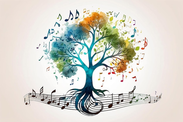 Ilustração em aquarela de árvore com notas musicais para conceitos e projetos de mídia de áudio notas musicais Árvore musical