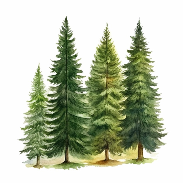 Ilustração em aquarela de árvores coníferas em um fundo branco
