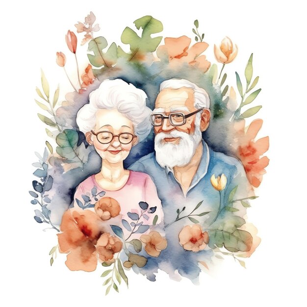 Ilustração em aquarela de avós com flores