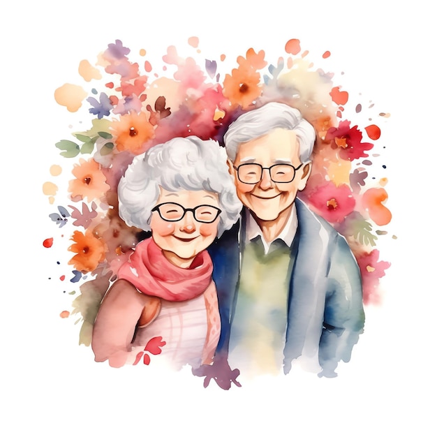 Ilustração em aquarela de avós com flores