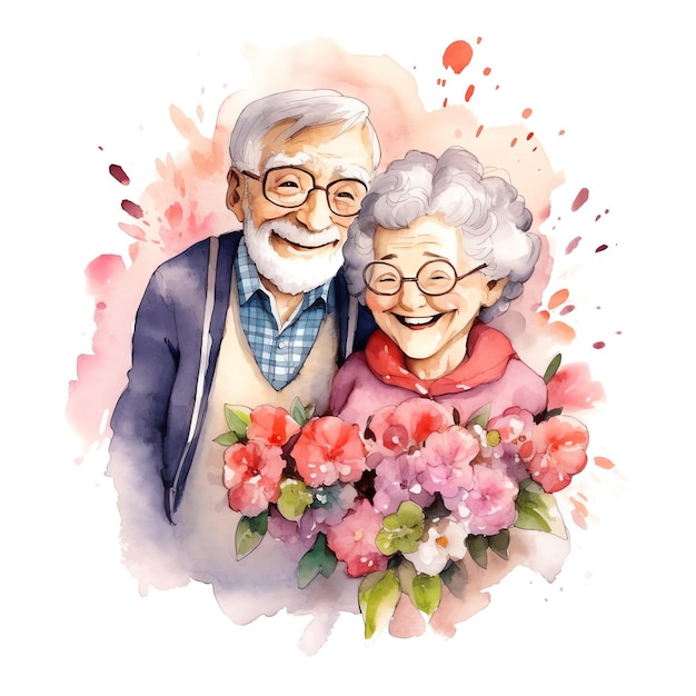 Ilustração em aquarela de avós com flores