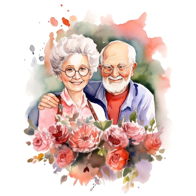 Ilustração em aquarela de avós com flores