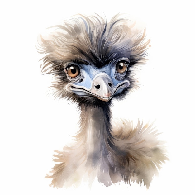 Ilustração em aquarela de cabeça de avestruz fofa