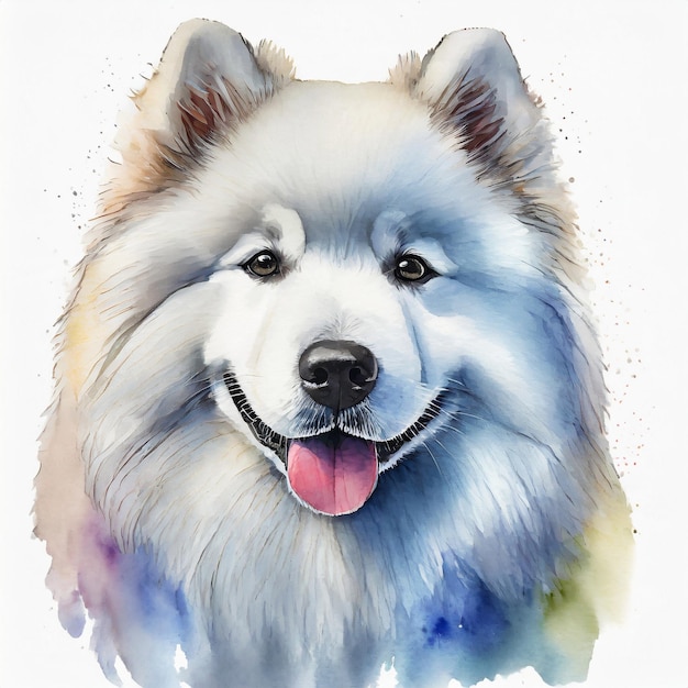 Ilustração em aquarela de cão samoia de raça pura Pintura colorida de animal doméstico