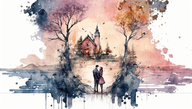 Ilustração em aquarela de casal apaixonado se beijando e de mãos dadas, ao ar livre