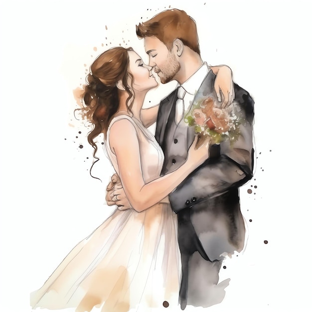 Ilustração em aquarela de casamento de casal branco sagrado