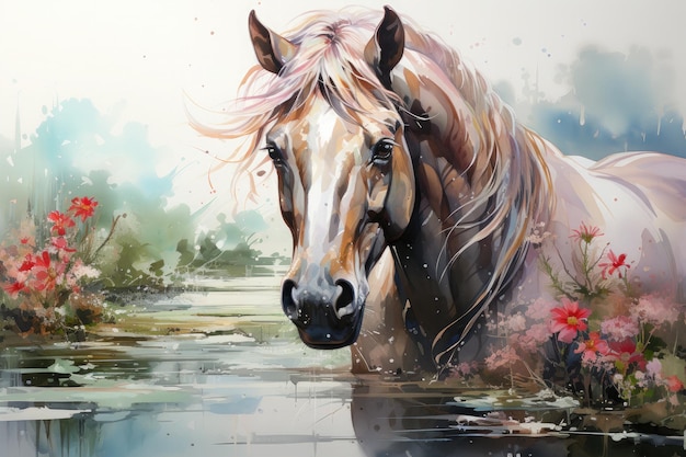 Foto ilustração em aquarela de cavalo ai generativo
