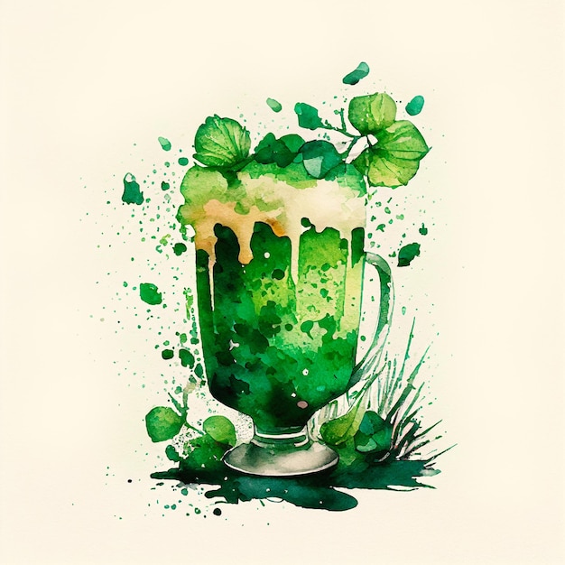 Ilustração em aquarela de cerveja verde e folhas de trevo em estilo retrô, para o dia de São Patrício