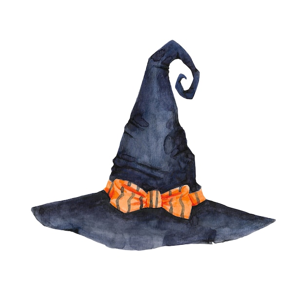 Ilustração em aquarela de chapéu de bruxa isolado no fundo branco Chapéu mágico com ilustração de laço laranja