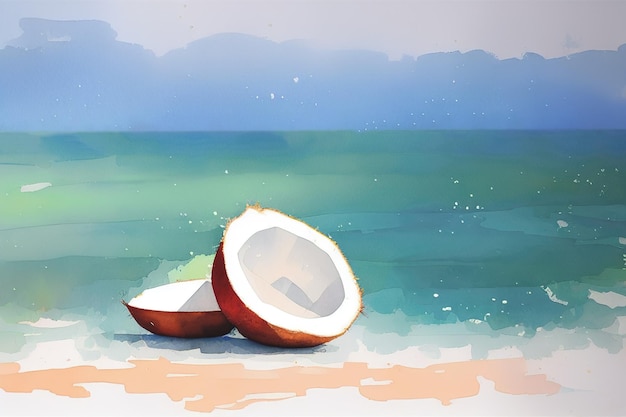 Ilustração em aquarela de coco de palmeira tropical IA generativa