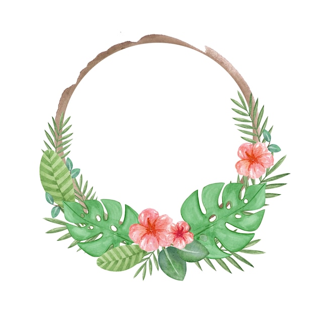 Ilustração em aquarela de coroa tropical pintada à mão de clipart de moldura exótica