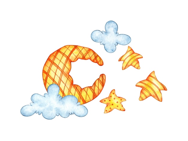 Ilustração em aquarela de crianças desenho de estrelas laranjas nuvens de lua isoladas em fundo branco conceito de design para cartão de cartaz banner roupas papel de parede papel de embalagem