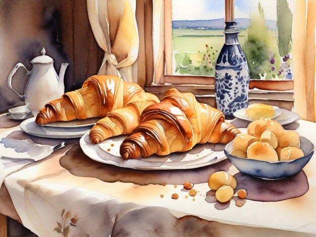 Ilustração em aquarela de croissants
