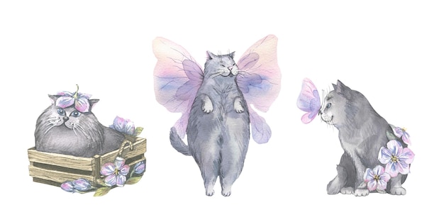 Ilustração em aquarela de delicadas borboletas rosa lilás e gatos cinzentos fofos Arejados leves Para design de banner cartões postais design de roupas cartazes papel de parede