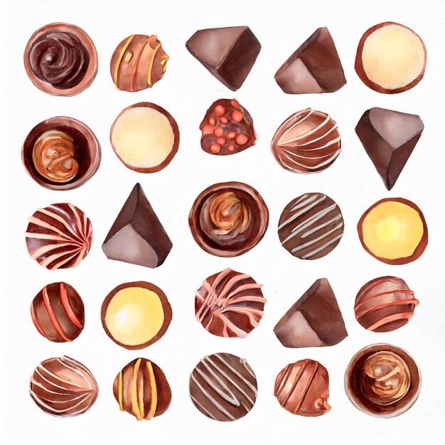 Foto ilustração em aquarela de doces de chocolate em fundo branco comida doce saborosa sobremesa deliciosa