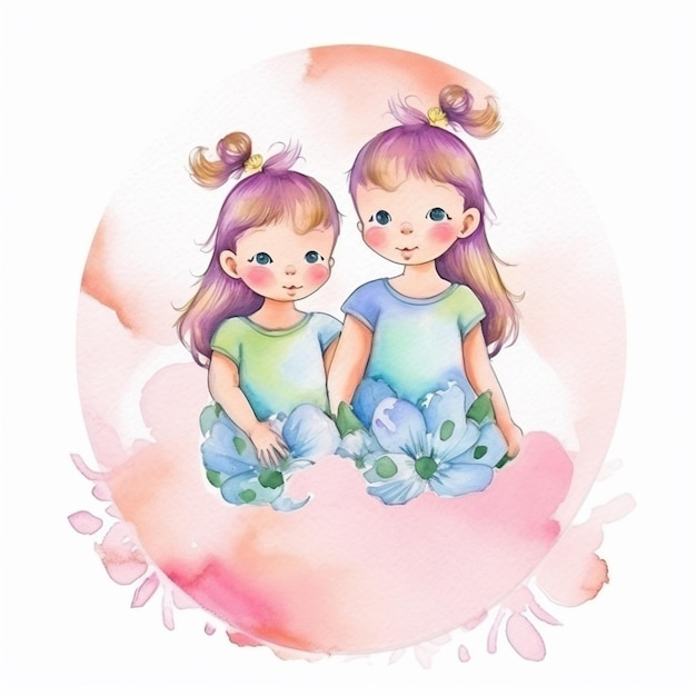Ilustração em aquarela de duas garotas em um círculo.