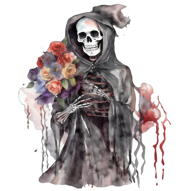 Ilustração em aquarela de esqueleto gótico
