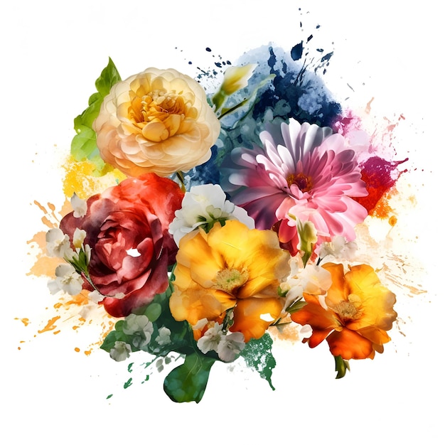 Ilustração em aquarela de flores coloridas com manchas e salpicos em fundo branco