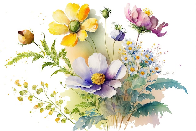 Ilustração em aquarela de flores criadas manualmente primavera verão