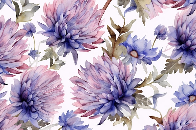 Ilustração em aquarela de flores de asteres roxos