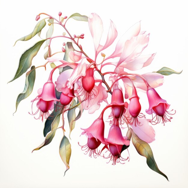 Ilustração em aquarela de flores rosas em Fecus Tree Lilio