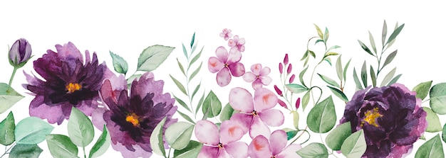 Ilustração em aquarela de flores roxas e folhas verdes sem costura isolada