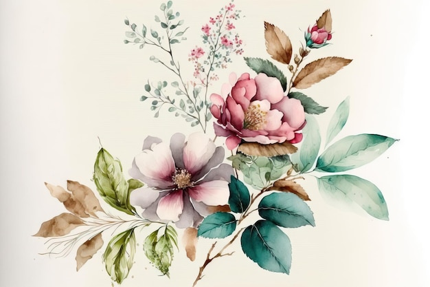 Ilustração em aquarela de flores sobre um fundo branco, um floral delicado