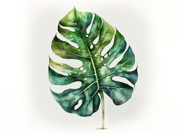 Ilustração em aquarela de folha de monstera em fundo branco isolado