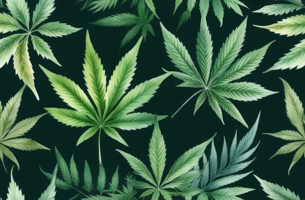Foto ilustração em aquarela de folhas de cannabis em fundo preto padrão de maconha medicinal