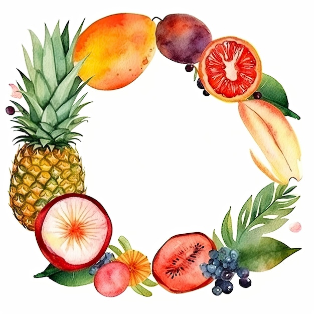 Ilustração em aquarela de frutas tropicais com flores