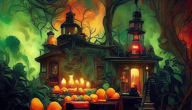 Ilustração em aquarela de horror do conceito de Halloween Abóboras e velas perto da casa dos horrores Para cartões de convites ou capas ilustração 3D