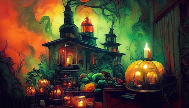 Ilustração em aquarela de horror do conceito de Halloween Abóboras e velas perto da casa dos horrores Para cartões de convites ou capas ilustração 3D