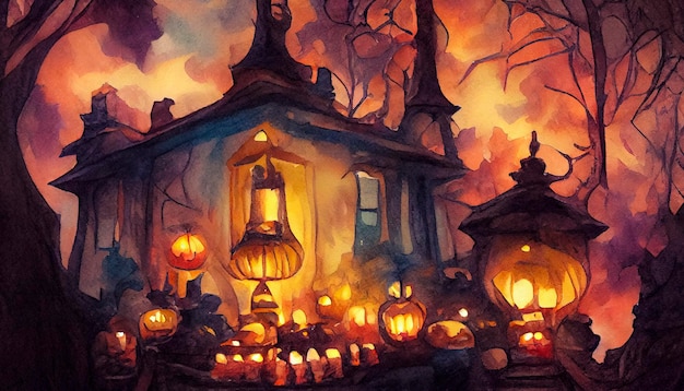 Ilustração em aquarela de horror do conceito de halloween abóboras e velas perto da casa dos horrores para cartões de convites ou capas ilustração 3d