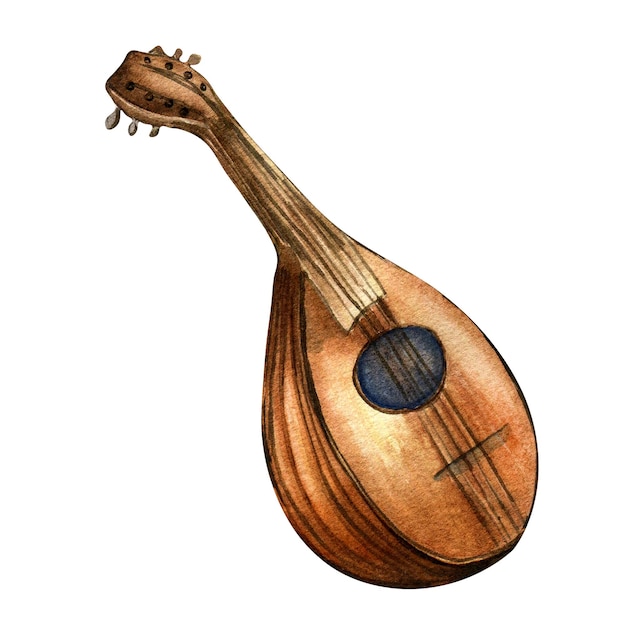 Ilustração em aquarela de instrumento musical clássico bandolim no fundo branco