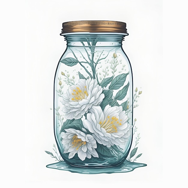 Ilustração em aquarela de jarra de vidro com folhas de flores Ai gerada