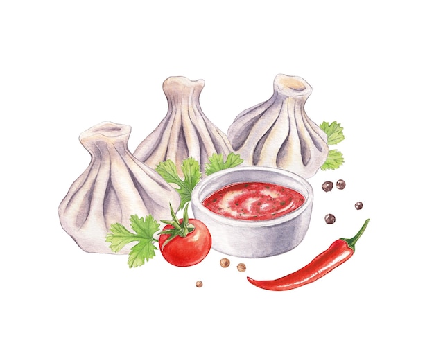 Ilustração em aquarela de khinkali com molho de tomate