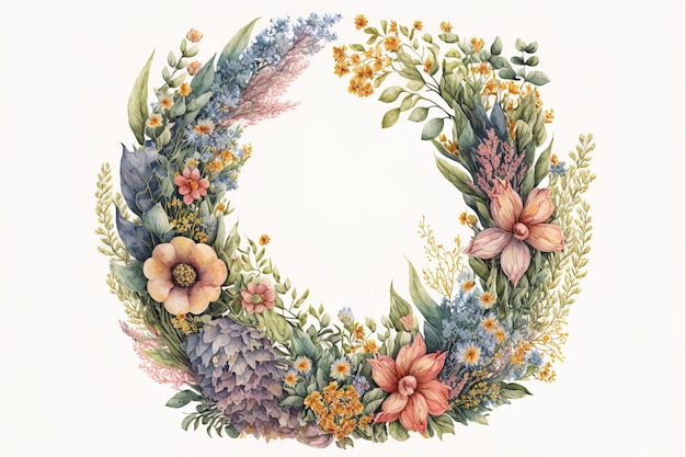 Ilustração em aquarela de linda guirlanda floral de primavera