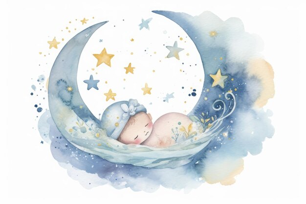 Foto ilustração em aquarela de lua e estrelas para convite de chá de bebê em fundo branco gerado por ia