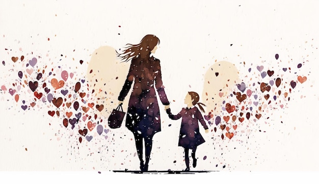 Ilustração em aquarela de mãe e filha ou filho rodeado de corações