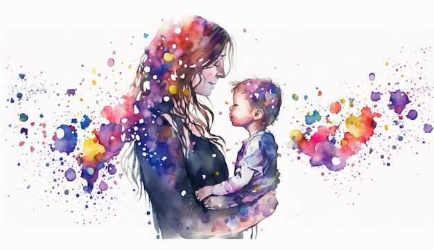 Ilustração em aquarela de mãe e filha ou filho rodeado de corações