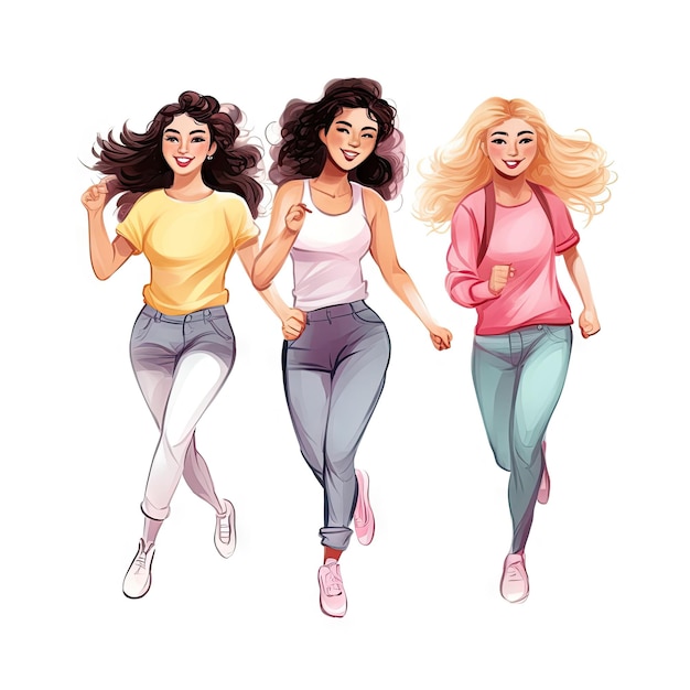 Ilustração em aquarela de meninas em movimento com fundo branco